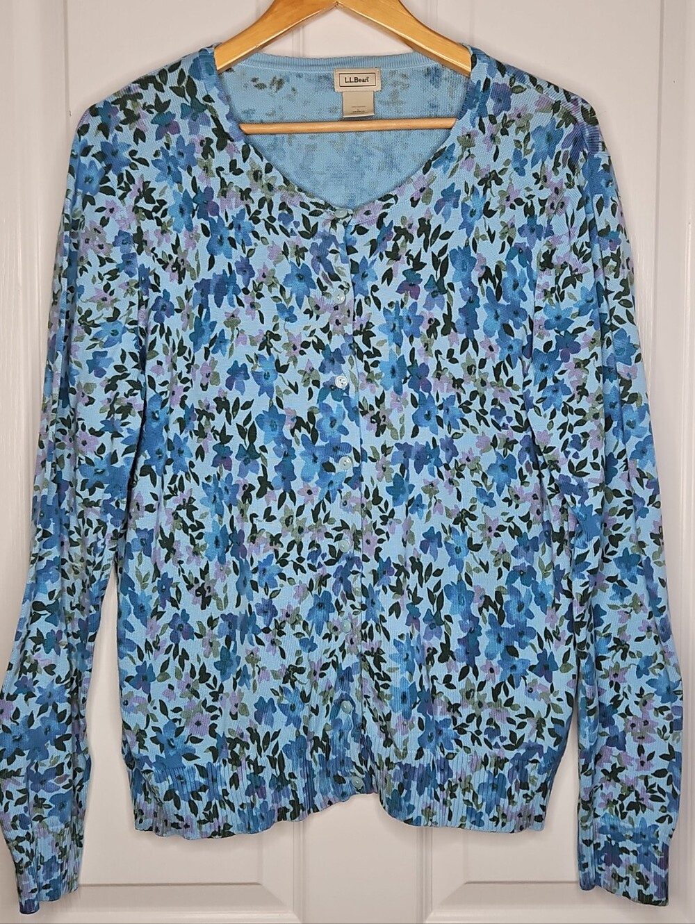 L.L.Bean Womens Cardigan Sweater L 100% Cotton Blue Purple Floral Button Front